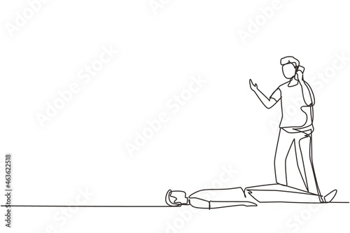 Single continuous line drawing fainting person. Emergency situation, unconscious person on the floor. Medical help, man calling emergency service to lying at ground male. One line draw design vector