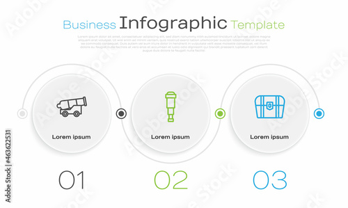Set line Cannon, Spyglass telescope lens and Antique treasure chest. Business infographic template. Vector