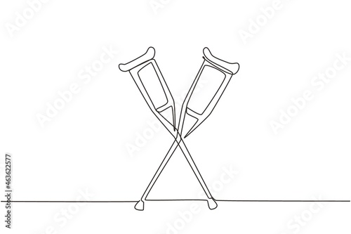 Single one line drawing crutches logo. Elbow crutch, telescopic metal crutch. Medical equipment for rehabilitation of people with diseases of musculoskeletal system. Continuous line draw design vector