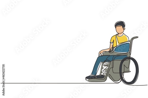 Single continuous line drawing sick man with injuries, gypsum sits in wheelchair. Injured male sitting in wheelchair with broken leg. Guy with fractured leg. One line draw design vector illustration