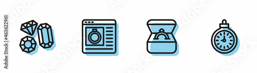 Set line Diamond engagement ring in box, Gem stone, Jewelry online shopping and Pocket watch icon. Vector