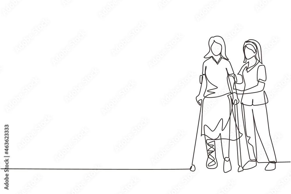 Single one line drawing woman patient learning to walk using crutches with help of doctor physiotherapist. Physiotherapy treatment of people with injury, disability. Continuous line draw design vector