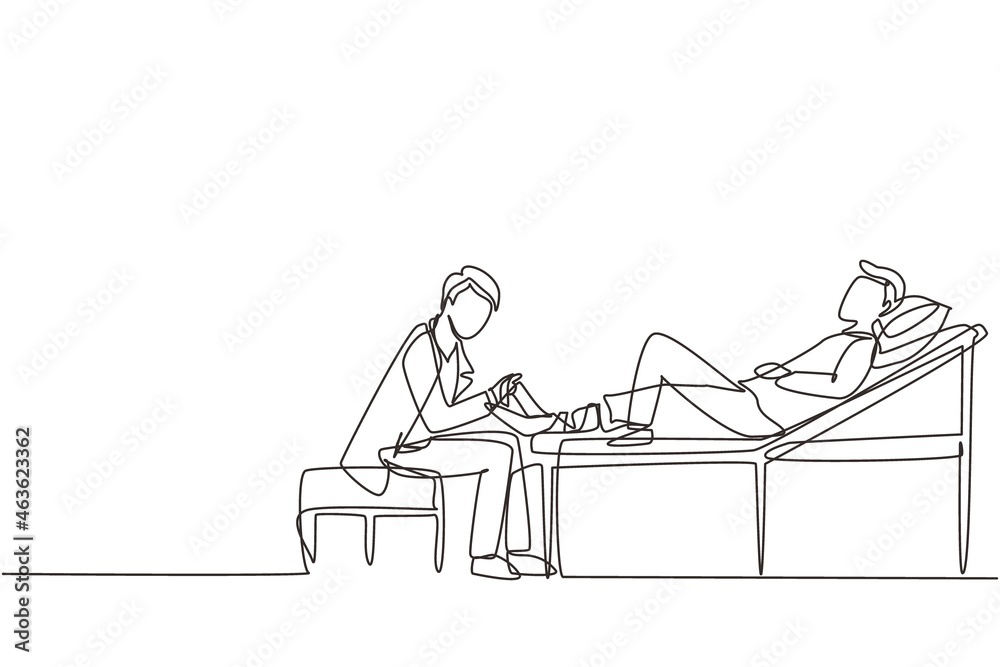 Single continuous line drawing doctor bandage broken leg to male patient sitting on couch. Upset man with plaster on ankle in hospital room. Trauma, healthcare, therapy. One line draw design vector Single continuous line drawing doctor bandage broken leg to male patient sitting on couch. Upset man with plaster on ankle in hospital room. Trauma, healthcare, therapy. One line draw design vector