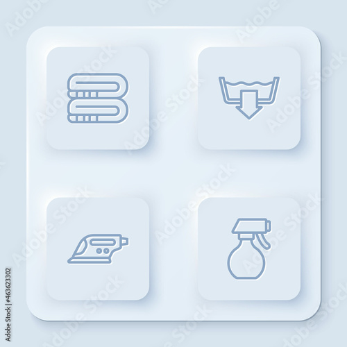 Set line Towel stack, Washing modes, Electric iron and Water spray bottle. White square button. Vector