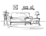Living room sketch in black on white. Interior sketch, sofa, lamp and other furniture. Vector