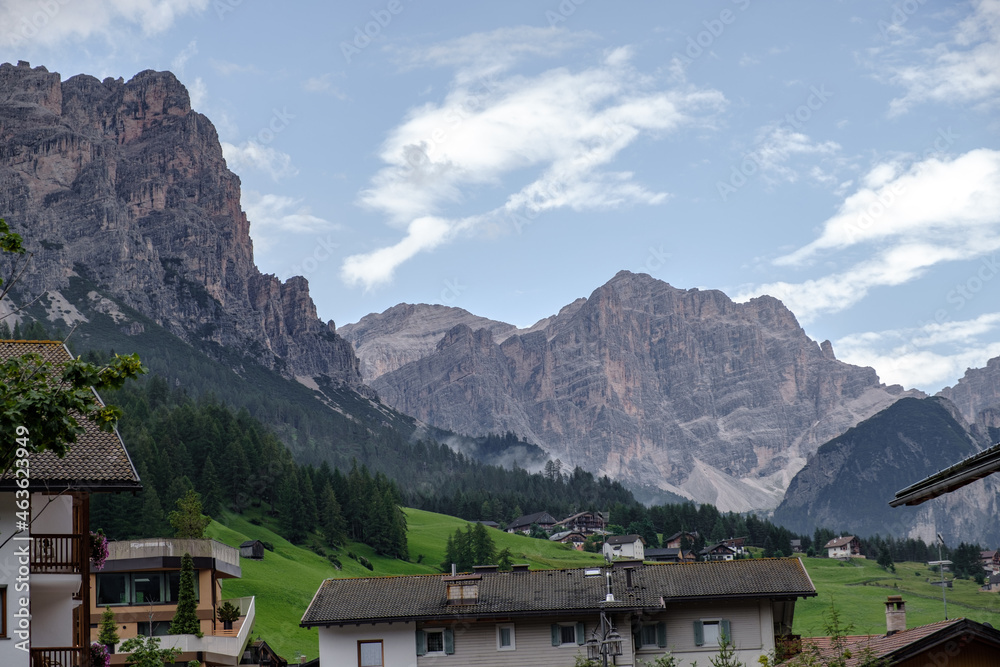 San Cassiano- August: Beautiful Panorama of Sasso della Croce group in the Dolomites Mountains