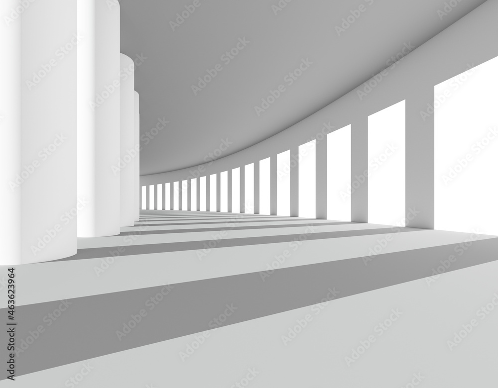 Fototapeta premium White empty interior. Gallery. Futuristic empty long light Sci-Fi tunnel. Colonnade. Template for design. Modern architectural presentation concept. Columns. 3D render. Shadow. Light. Perspective.