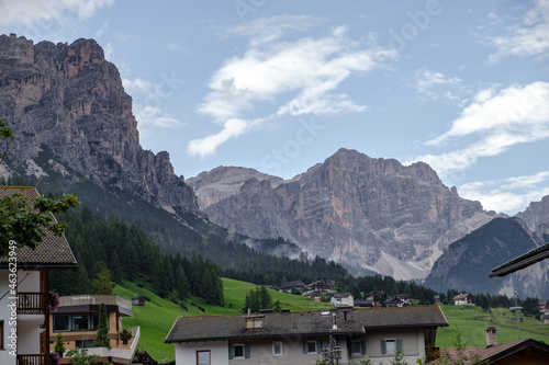 San Cassiano- August: Beautiful Panorama of Sasso della Croce group in the Dolomites Mountains © Matteo