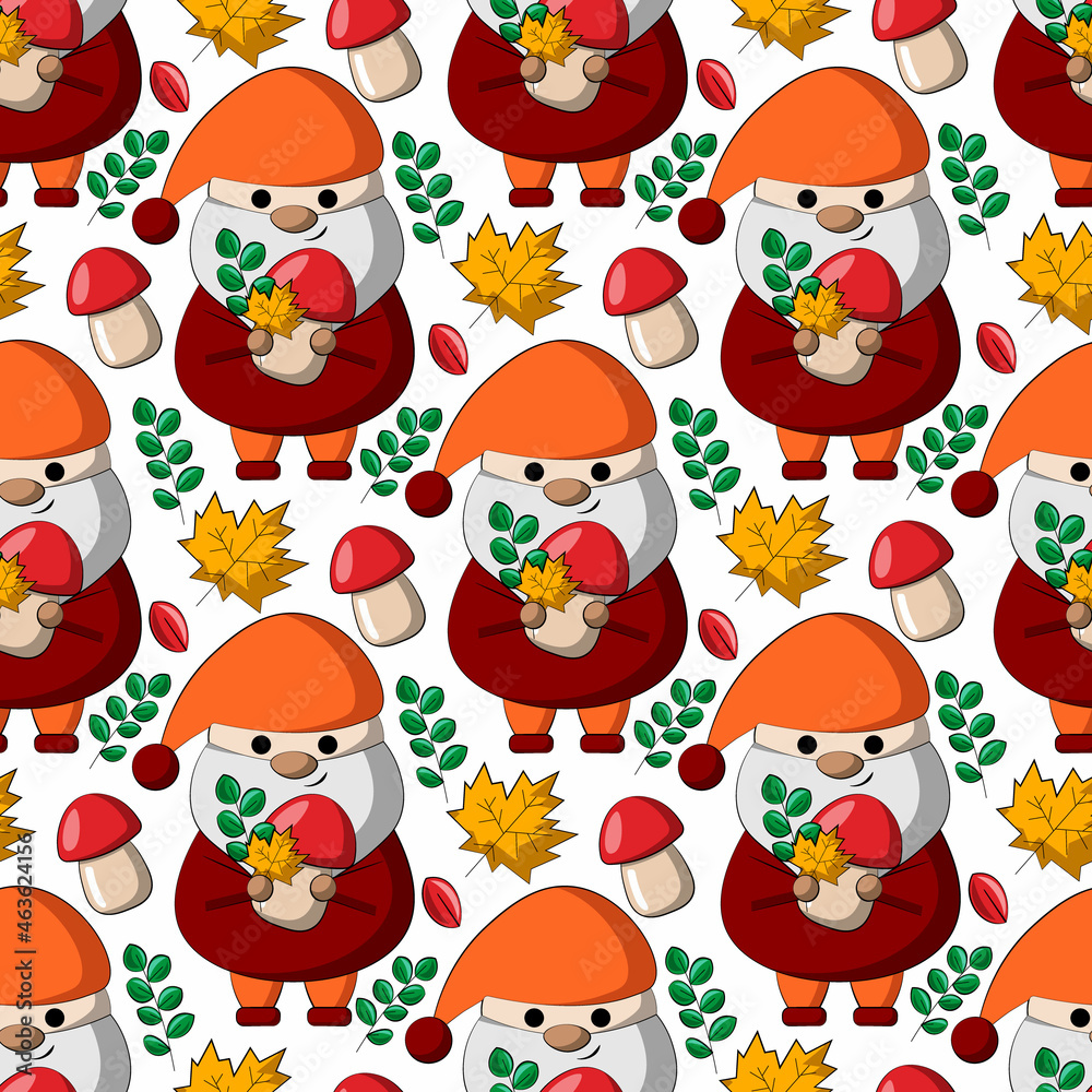 Seamless vector pattern with little autumns Gnomes with mushroom and leaf Seamless vector pattern with little autumns Gnomes with mushroom and leaf