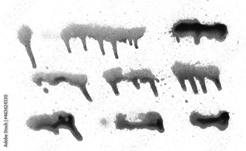 Set various black spray stain paint graffiti lines, decorative splatters isolated on white background and texture