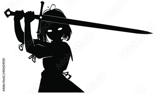 Silhouette of a young girl knight with a square hairstyle, standing in a fighting position with a two-handed sword claymore, she is wearing a dress. drawn in anime style. 2d illustration