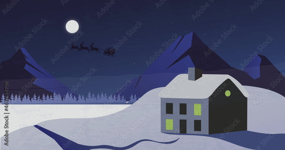 Naklejka premium Silhouette of Santa Claus in sleigh being pulled by reindeers against moon and winter landscape