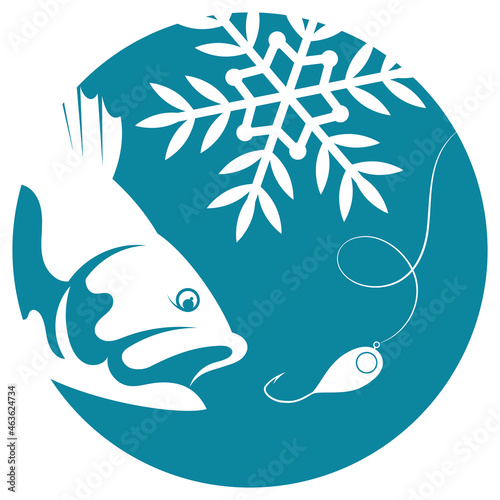 Fish for bait in a blue circle. Winter fishing under the ice symbol