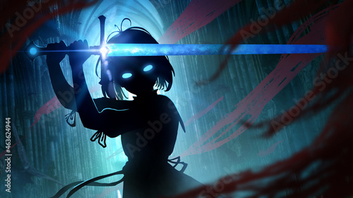 A young girl knight with a square hairstyle, stands in a fighting position with a magic sword claymore in her hands, it glows with blue ice magic, against the background of a Gothic sabor. 2d art