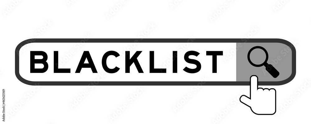 Search banner in word blacklist with hand over magnifier icon on white background Search banner in word blacklist with hand over magnifier icon on white background
