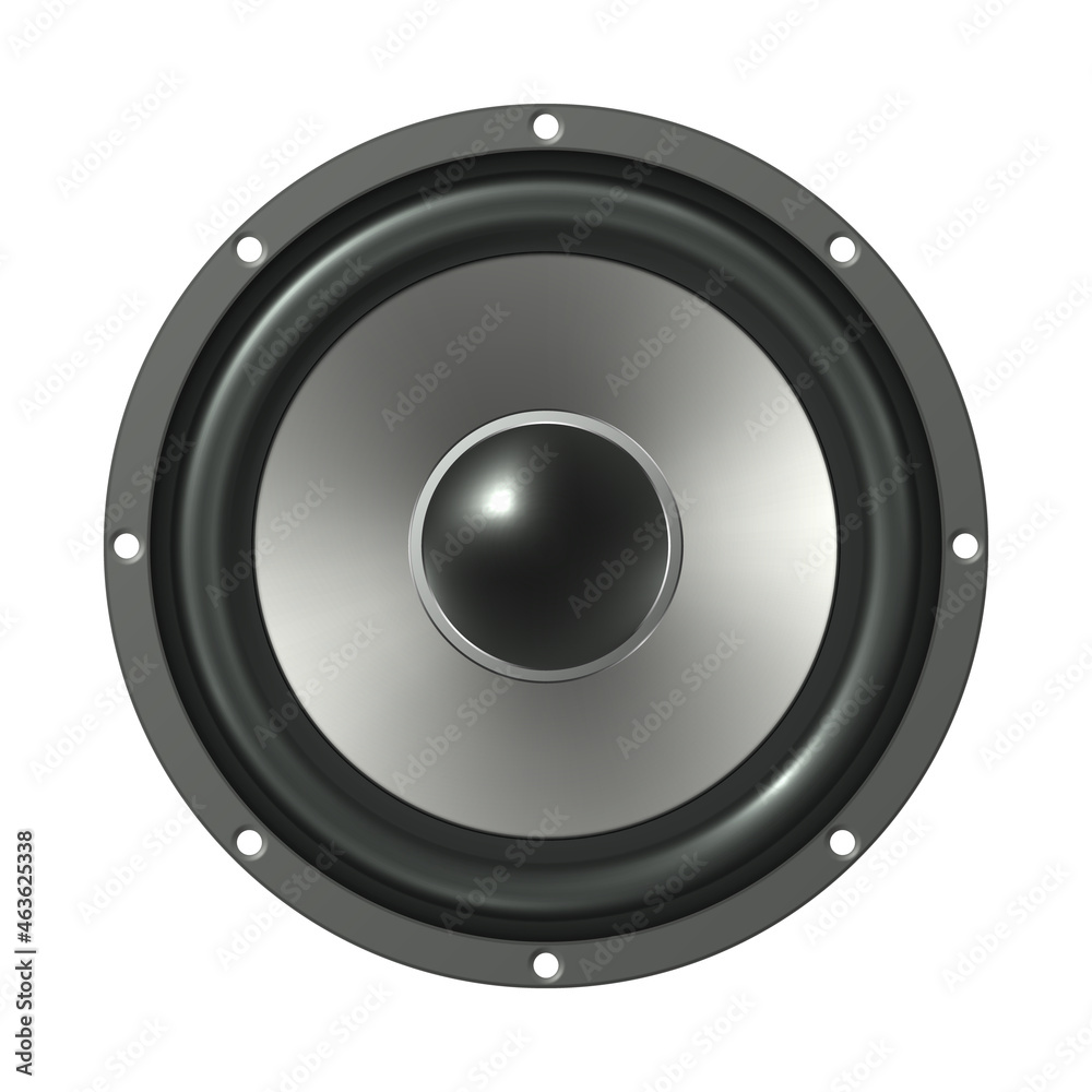 Realistic low frequency speaker. Isolated speaker on white background. Vector illustration. Realistic low frequency speaker. Isolated speaker on white background. Vector illustration.