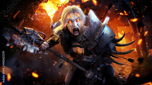 A fierce possessed barbarian woman in armor, she has vampire fangs, she rushes into battle with a scream and a huge bloody axe at the ready, her eyes burn with demonic fire. 3d rendering photo