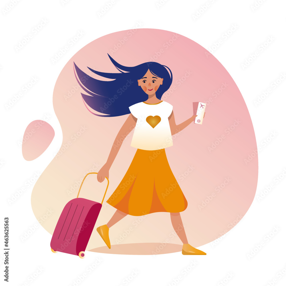 a modern girl travels with luggage, vector illustration a modern girl travels with luggage, vector illustration