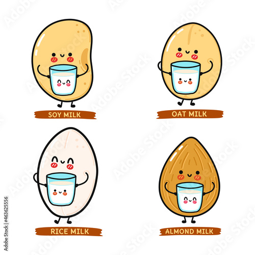 Cute, funny happy glass of milk and soy character. Soy milk. Vector hand drawn cartoon kawaii characters, illustration icon. Funny cartoon glass of milk and soy friends concept