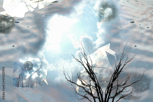 Surreal Composition with Clouds and Tree