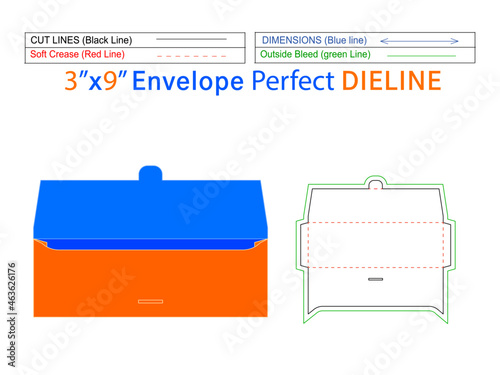 Custom invitation card envelope 3x9inch dieline template and 3D vector envelope