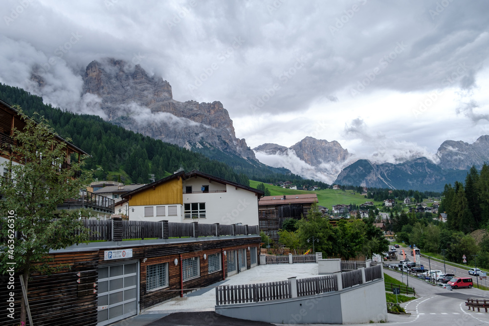 Corvara - August 2020: view of the center of San Cassiano with Dolomiti on the background