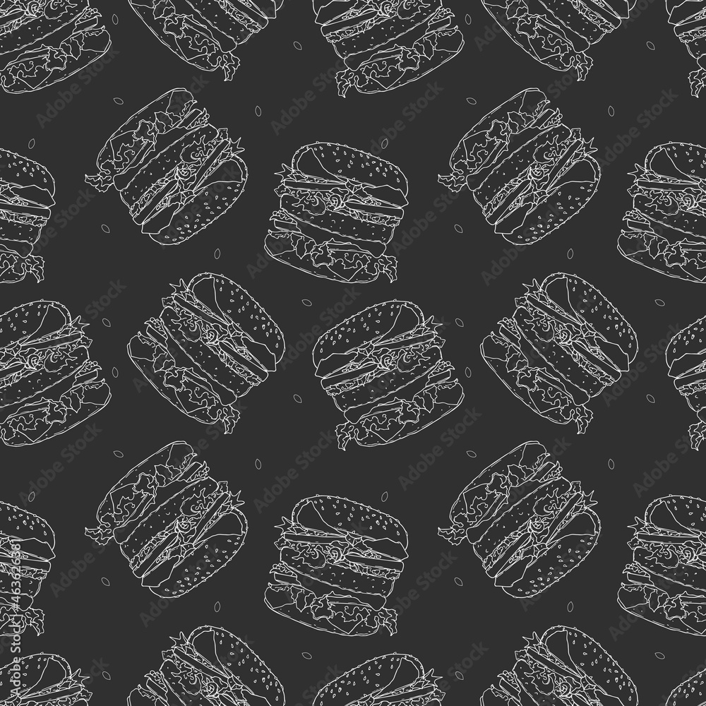 Burger hamburger patterns white and black hand-drawn contour drawing. Vector illustration