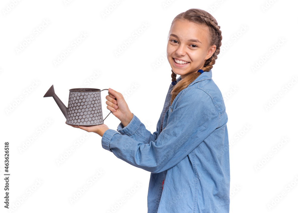 Portrait of teen girl holds small garden watering can, isolated on white background. Beautiful young female student with watering can. Happy smiling child Portrait of teen girl holds small garden watering can, isolated on white background. Beautiful young female student with watering can. Happy smiling child