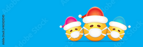 Vector Christmas horizontal banner with funky Emoji sticker with mouth medical protection mask and santa claus red hat isolated on blue background. Yellow santa doctor smile face character set