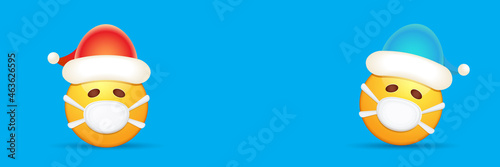 Vector Christmas horizontal banner with funky Emoji sticker with mouth medical protection mask and santa claus red hat isolated on blue background. Yellow santa doctor smile face character set