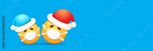 Vector Christmas horizontal banner with funky Emoji sticker with mouth medical protection mask and santa claus red hat isolated on blue background. Yellow santa doctor smile face character set