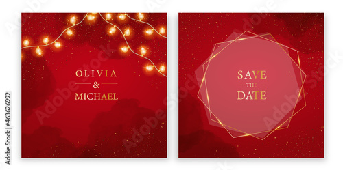 Diamond shaped vector wedding invitation.Magic night dark red cards with sparkling glitter bokeh. Golden scattered dust.