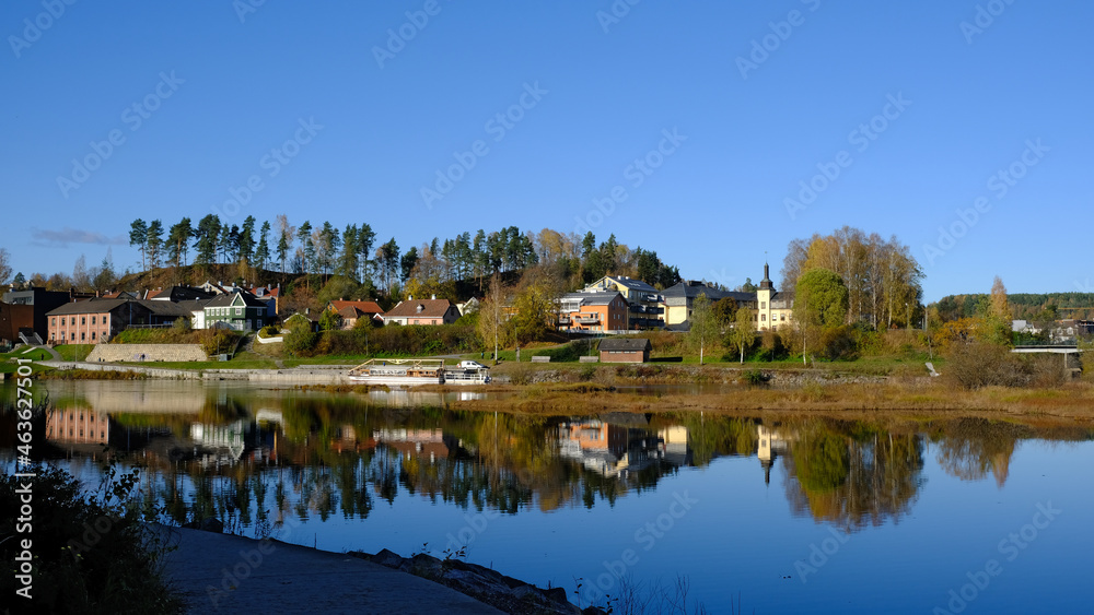 Honefoss river and reflections, Honefoss, Buskerud, Norway