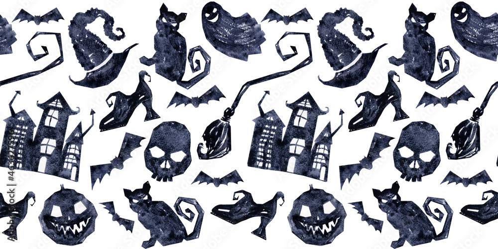 Naklejka premium Watercolor seamless border with various Halloween theme elements