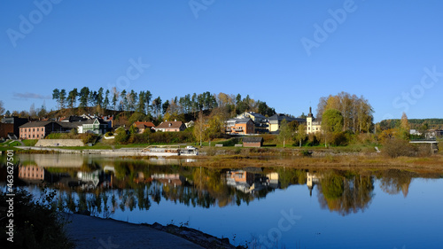 Honefoss river and reflections, Honefoss, Buskerud, Norway
