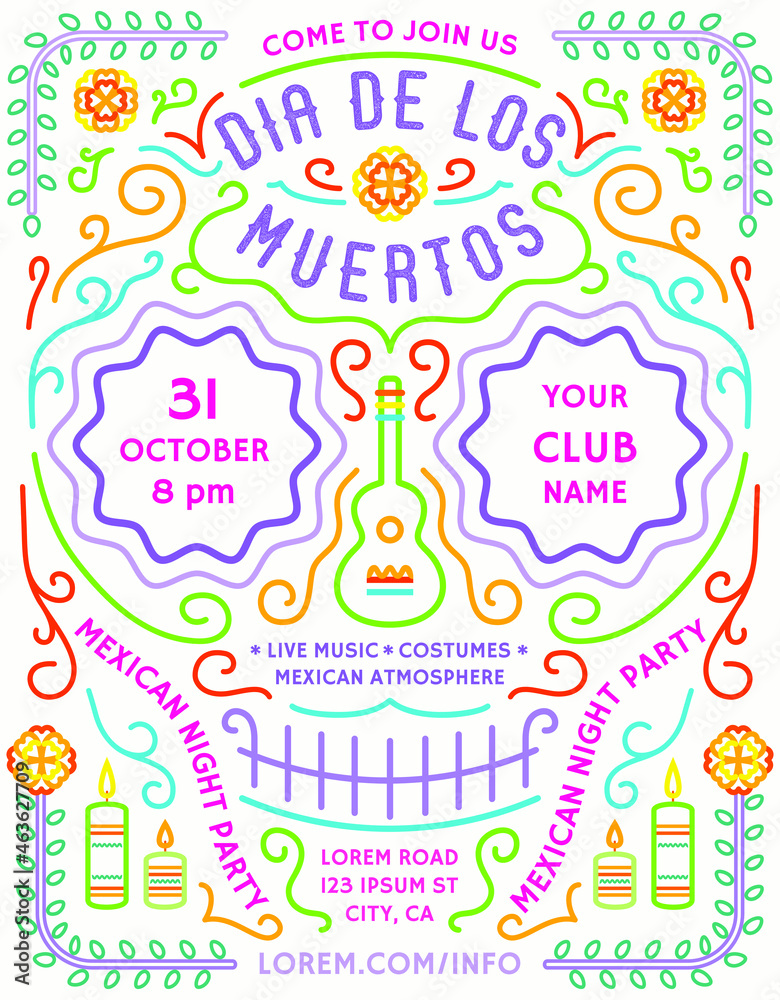 Dia de los Muertos announcing poster template with mexican style details.