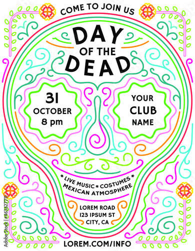 Day of the Dead announcing poster template with abstract skull  marigolds and mexican style details.