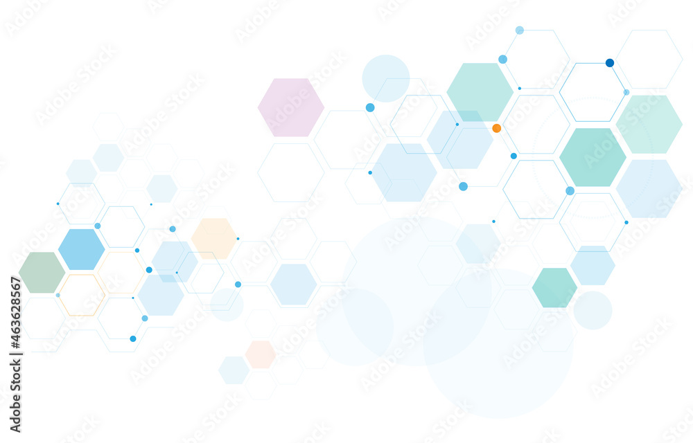 Geometric abstract background with colorful hexagons. Structure molecule and communication. Science, technology and medical concept. Vector illustration