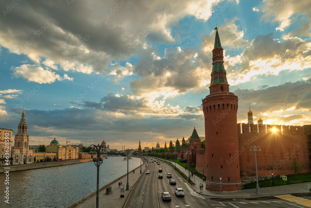 Moscow Russia, sunset city skyline at Kremlin Palace and Moscow River