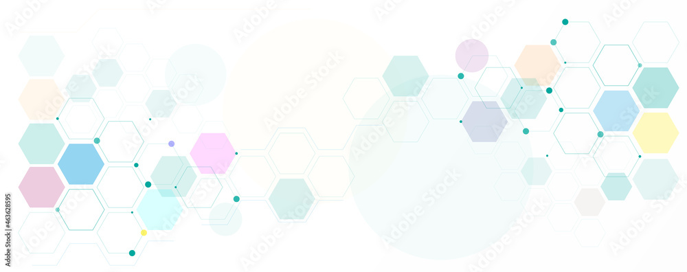 Geometric abstract background with colorful hexagons. Structure molecule and communication. Science, technology and medical concept. Vector panorama illustration Geometric abstract background with colorful hexagons. Structure molecule and communication. Science, technology and medical concept. Vector panorama illustration