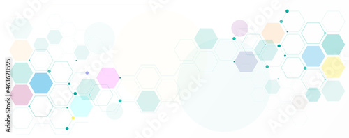 Geometric abstract background with colorful hexagons. Structure molecule and communication. Science, technology and medical concept. Vector panorama illustration