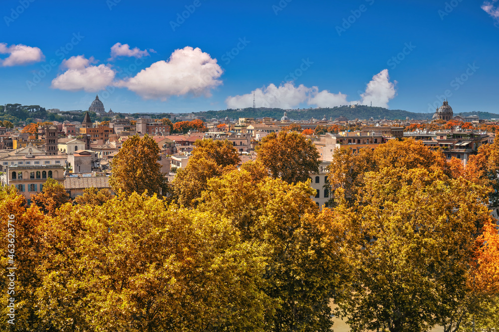 Rome Italy, high angle view city skyline with autumn foliage season