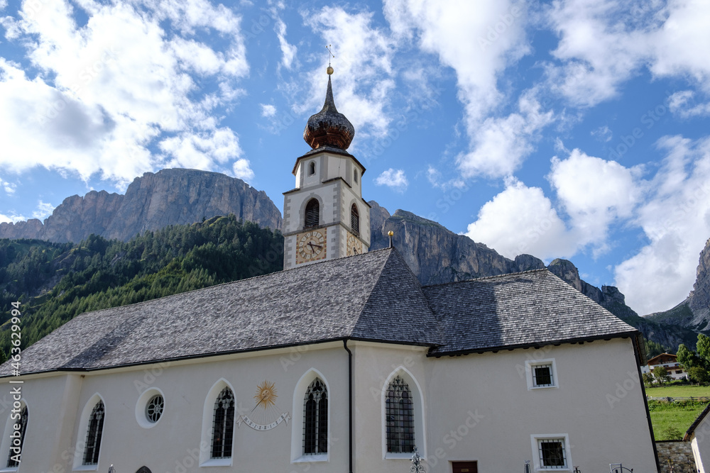 Corvara - August: Church St. Vigilius in Colfosco, Dolomites, Italy