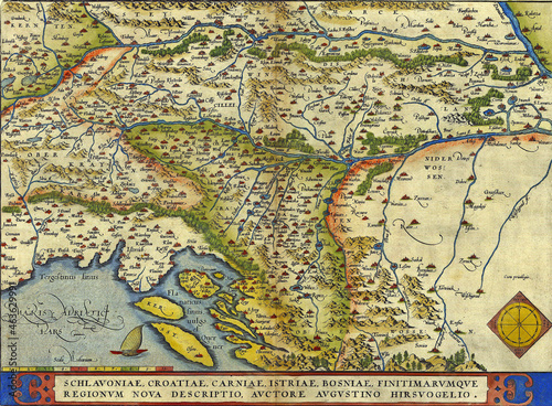 A vintage map of the western Balkans (Slovenia, Croatia, Bosnia, Istria, Carnia) by Abraham Ortelius photo