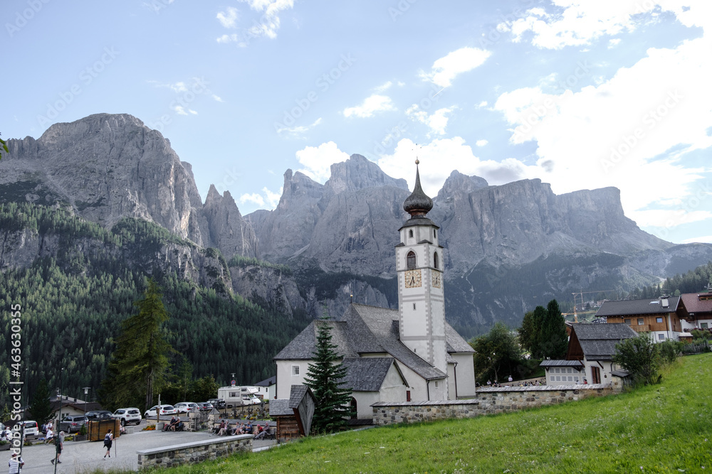 Corvara - August: Church St. Vigilius in Colfosco, Dolomites, Italy Corvara - August: Church St. Vigilius in Colfosco, Dolomites, Italy
