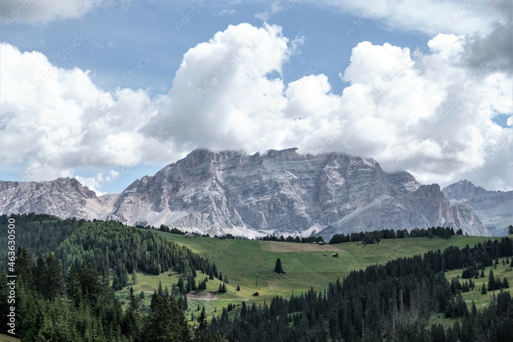 Obraz premium Corvara - August: Beautiful Panorama of Sasso della Croce group in the Dolomites Mountains from Corvara. Italy