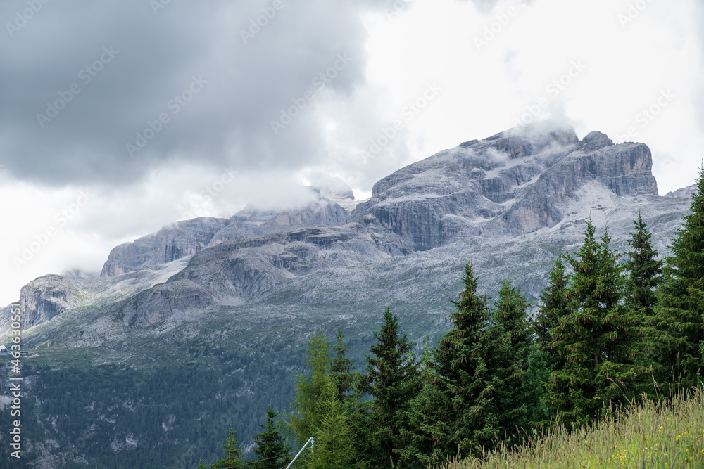 lta Badia - August 2020: Panoramic view of Piz Boe' (dolomite mountain) scenery in South Tyrol