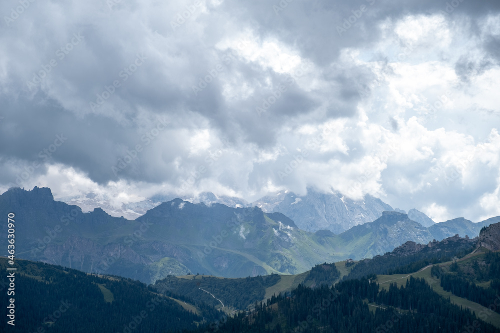Corvara - August 2020: panorama scenic view of Marmolada Corvara - August 2020: panorama scenic view of Marmolada