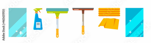 Equipment for cleaning windows and glass mirrors on a white background. Items to keep the house clean. photo