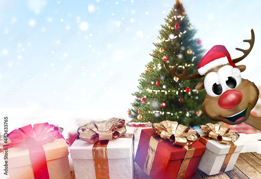 happy Christmas deer with gifts and green decorated fir background 3d-illustration